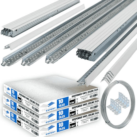 10m2 White Suspended Ceiling Grid System 600mm x 600mm Metail Frame Kit With Wipeable Ceiling Tiles