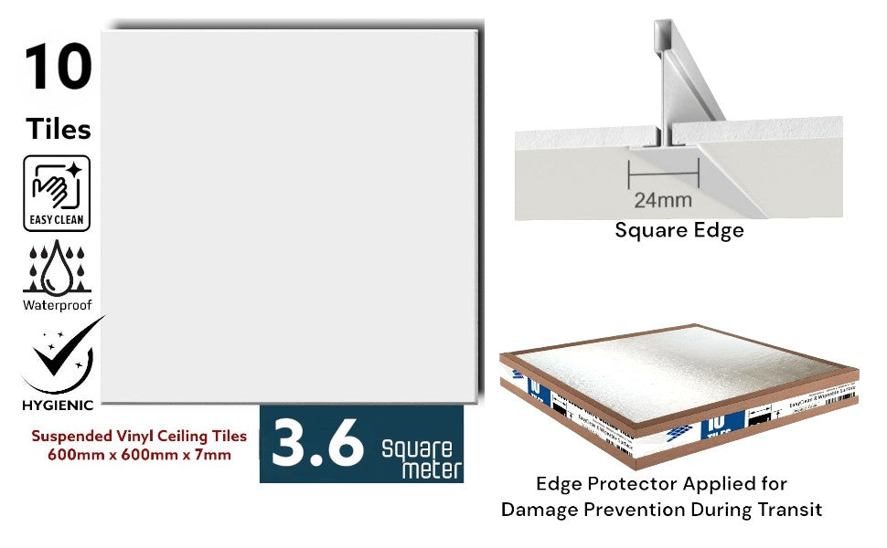 Ceiling Expert Suspended Easyclean, Wipeable Ceiling Tiles 595mm x 595mm For 600mm x 600mm