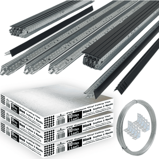 Black Suspended Ceiling Grid Kit - 10m² Black Metal Frame System 600mm x 600mm with Wipeable Tiles