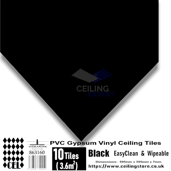 Black Suspended Wipeable Ceiling Tiles - EasyClean - 595mm x 595mm - Fits 600 x 600 Grid System