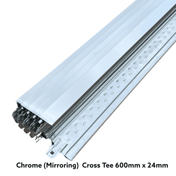 Pack of 10 Chrome ( Mirroring) Cross Tee Section 600mm x 24mm Grid Components