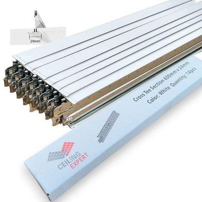 Pack of 14 White Cross Tee Section 600mm X 24mm Suspended Ceiling Grid Components Bar