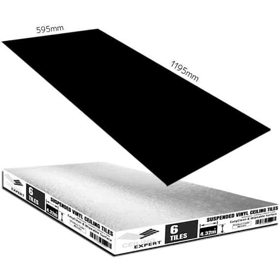 Suspended Black Ceiling Tiles Vinyl Laminated EasyClean & Wipeable 1195mm x 595mm To Fit in 1200x600