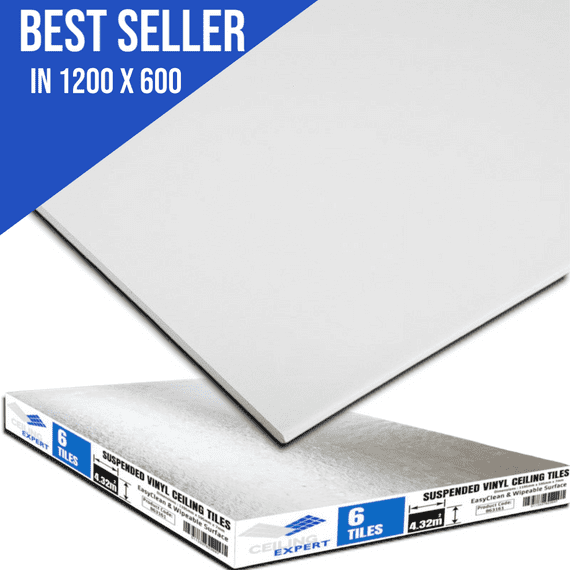 Suspended Ceiling Tiles, EasyClean & Wipeable, 1195mm x 595mm, For 1200mm x 600mm Grid System White